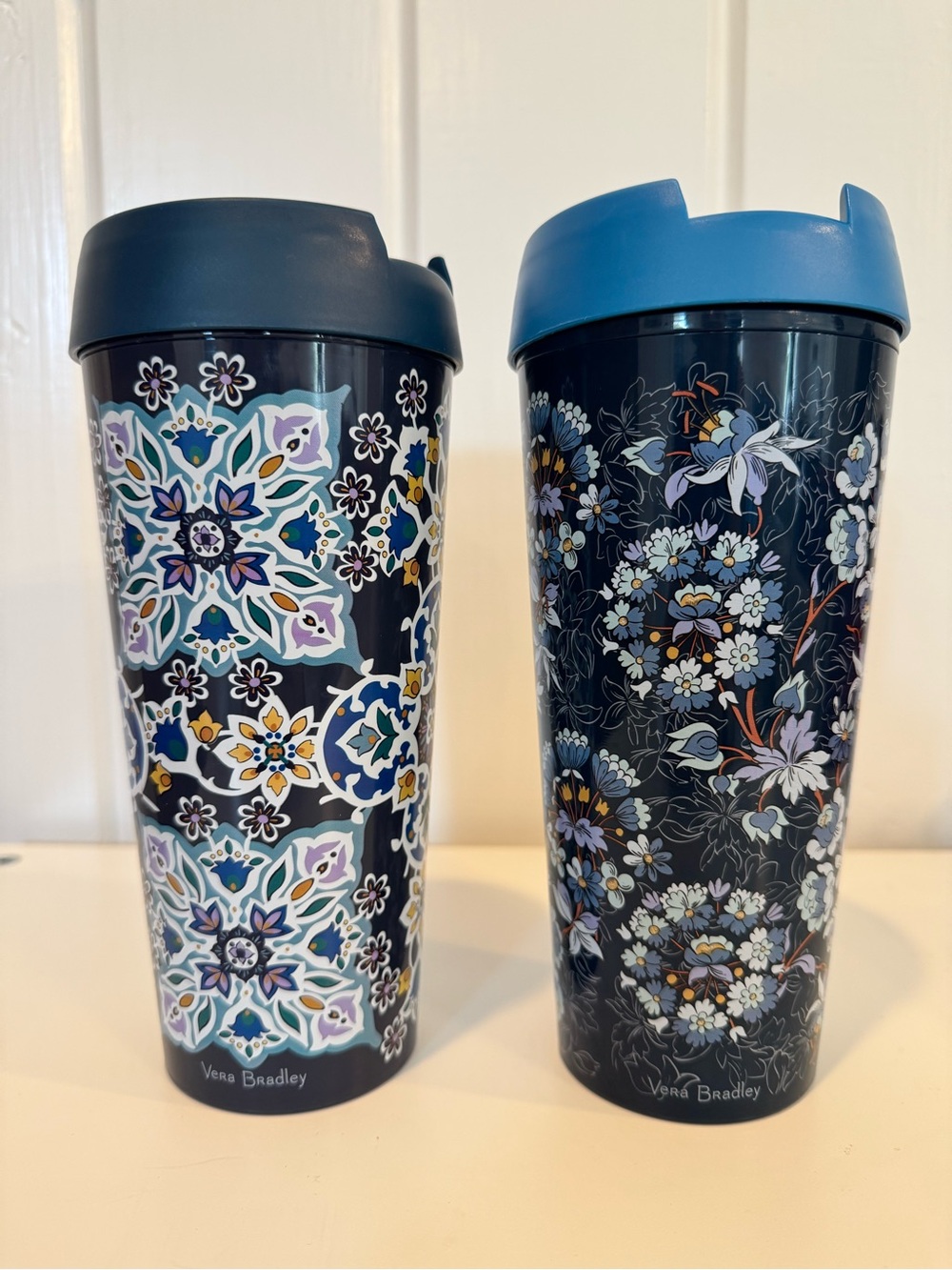Vera Bradley 16 oz Travel Mug Set of 2 Lisbon Medallion Cool & Floral Bursts